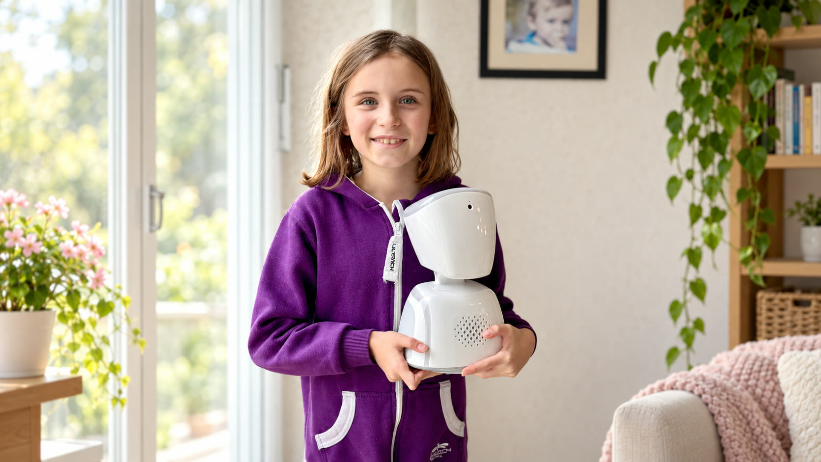 Vima hält ihren Lernroboter in den Händen